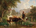 Friedrich Voltz A farmgirl and cattle by a cool creek (1849)